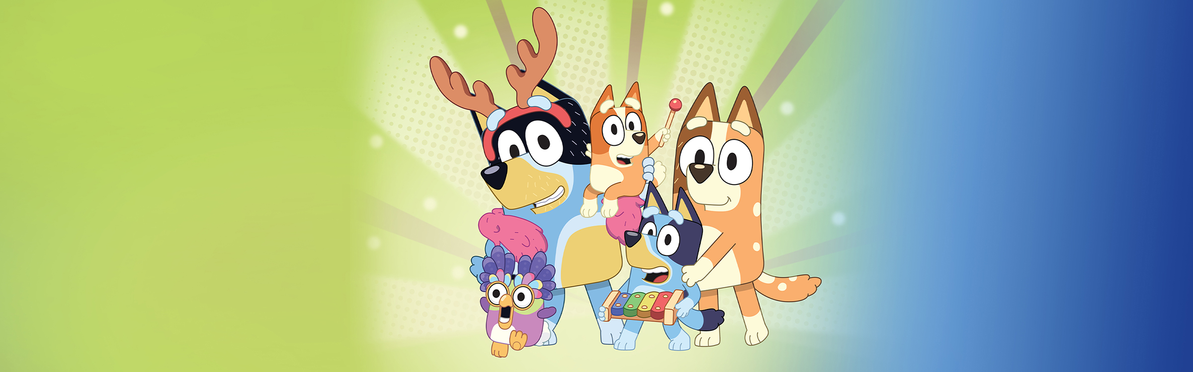 Four cartoon dogs from the television show Bluey.