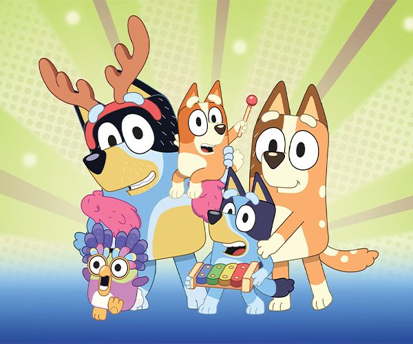 Four cartoon dogs from the television show Bluey.