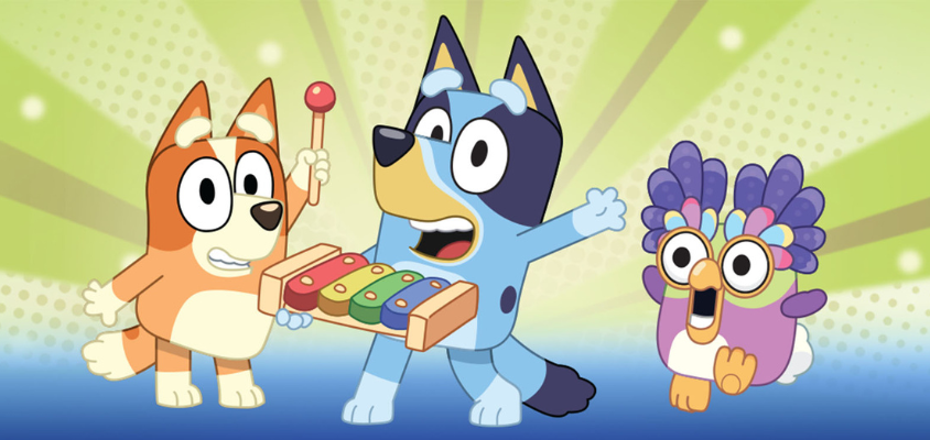 Three cartoon creatures from Bluey 