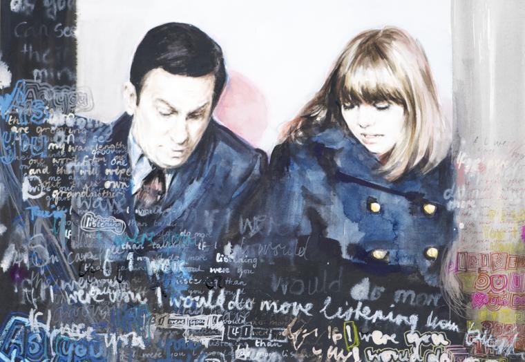 A watercolour painting by Jennifer Mills featuring Agent 86 and Agent 86, characters from 1960s TV sitcom Get Smart.
