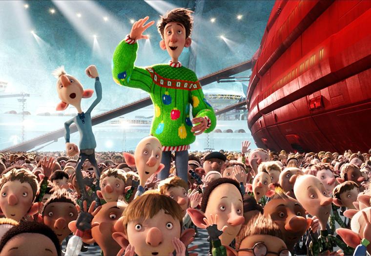 A cartoon character in a green suit stands above a seat of other characters. A scene from Arthur Christmas movie