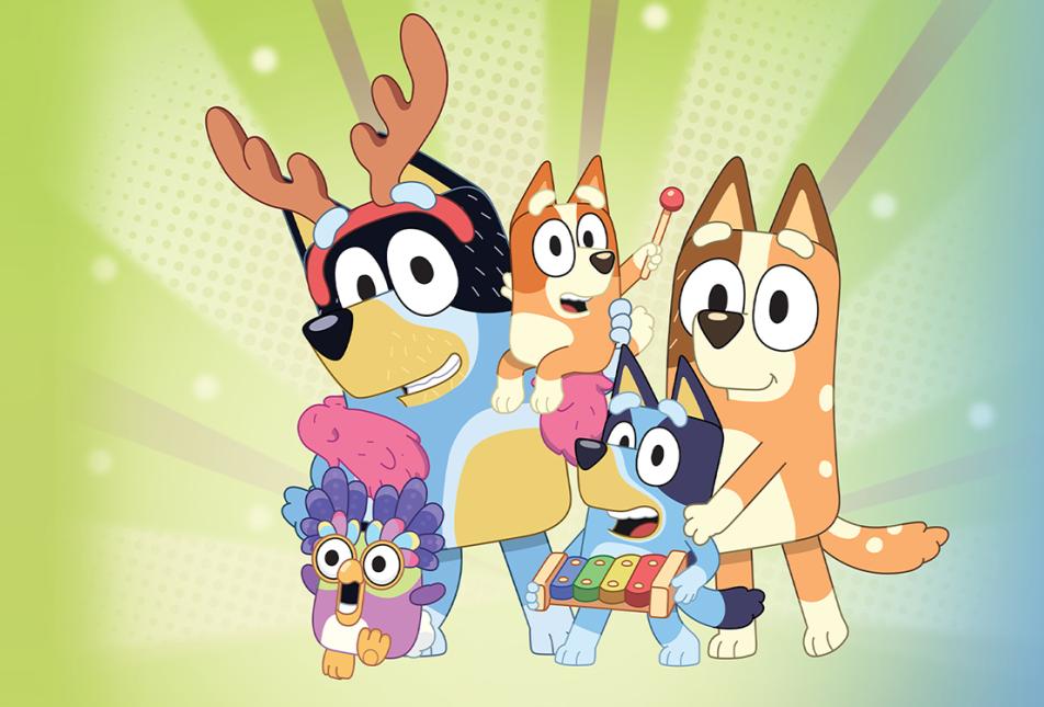 Four cartoon dogs from the television show Bluey.
