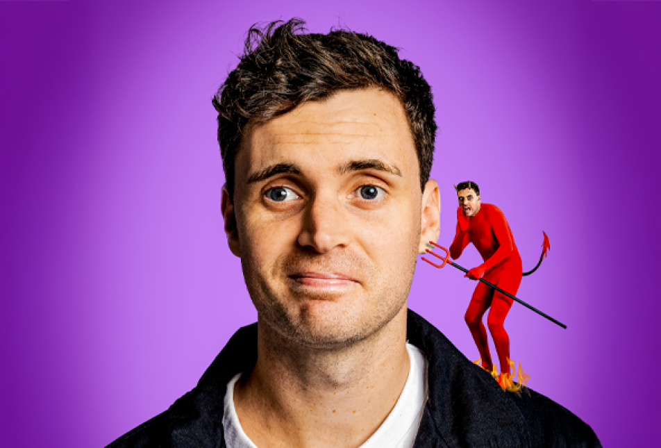 A man with an image of the devil standing on his shoulder - comedian Luke Kidgell