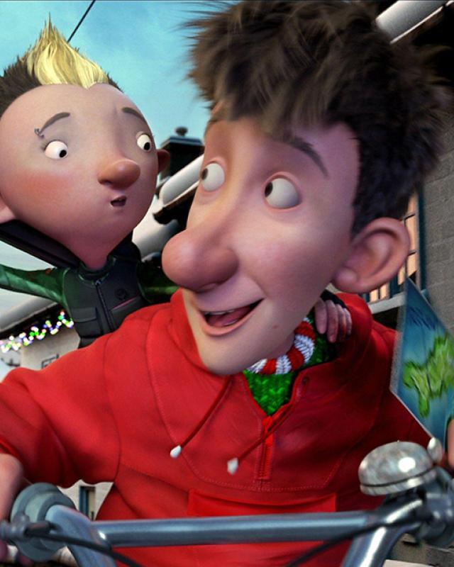 Two caroon characters riding a motorbike - a scene from Arthur Christmas movie