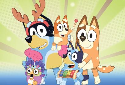 Four cartoon dogs from the television show Bluey.
